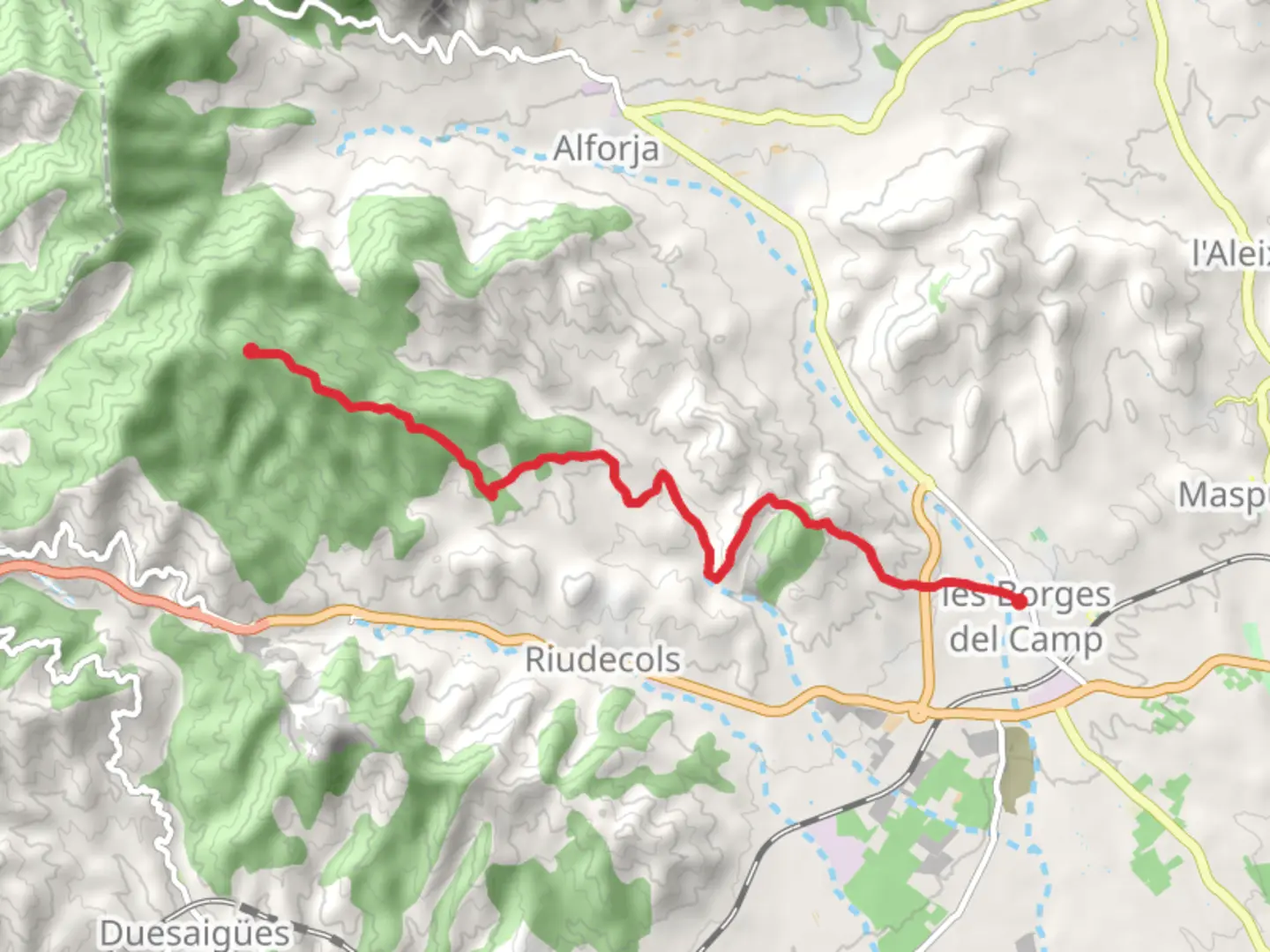 An image depicting the trail Path of the Borges del Camp PR C 18 and its surrounding area.