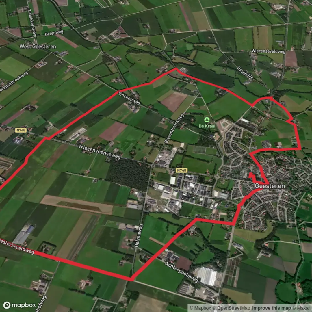 An image depicting the trail Peuverhoek and Geesterseveld Weg and its surrounding area.