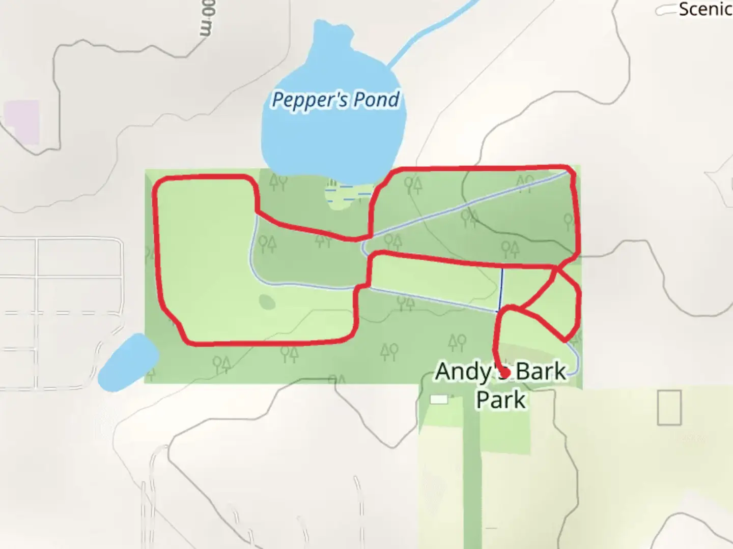 An image depicting the trail Andy's Bark Park Loop and its surrounding area.