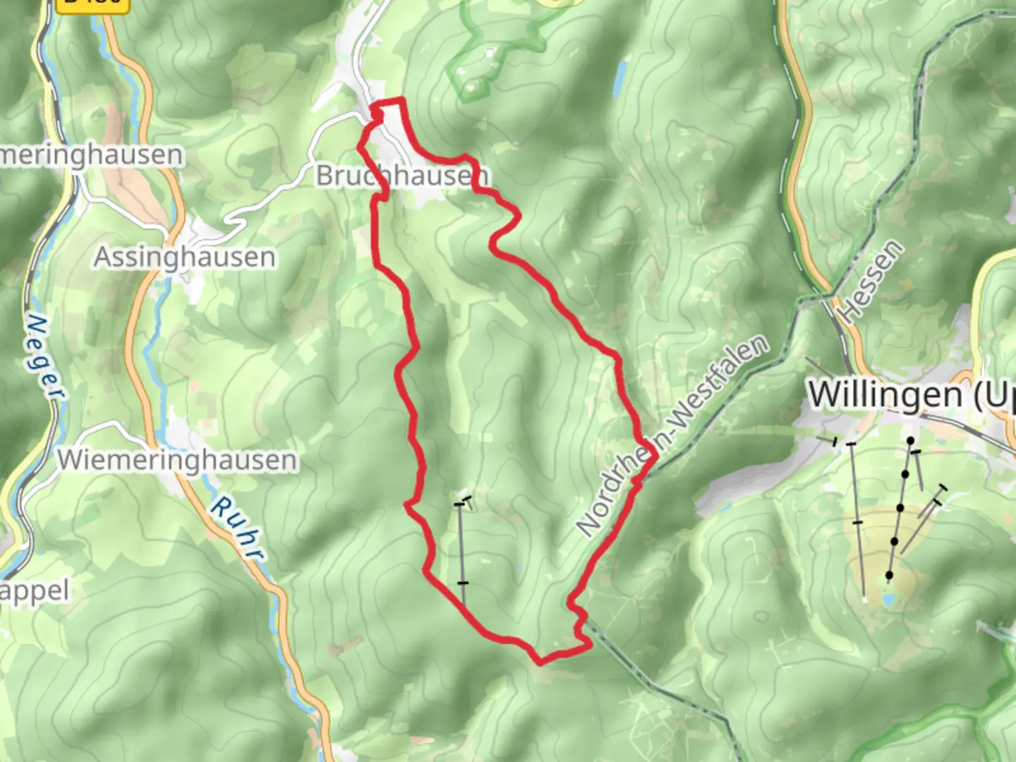 An image depicting the trail Langenberg via Rothaarsteig and Rothaarweg and its surrounding area.