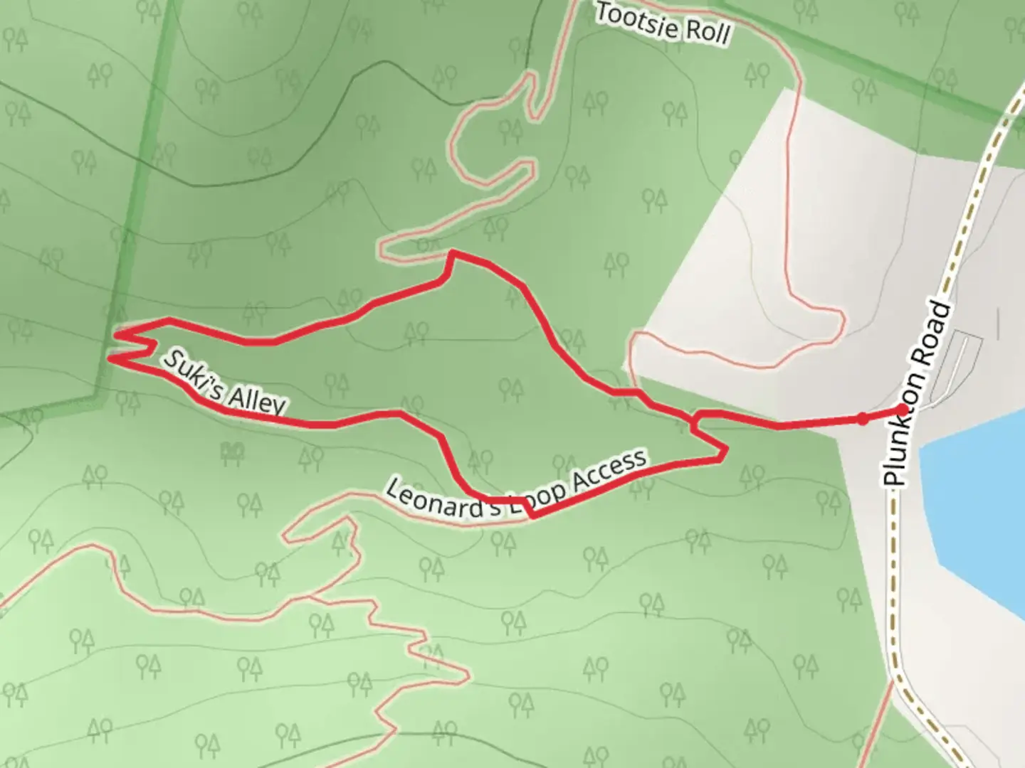 An image depicting the trail Suki's Alley via Lenord's Loop Access Trail and its surrounding area.