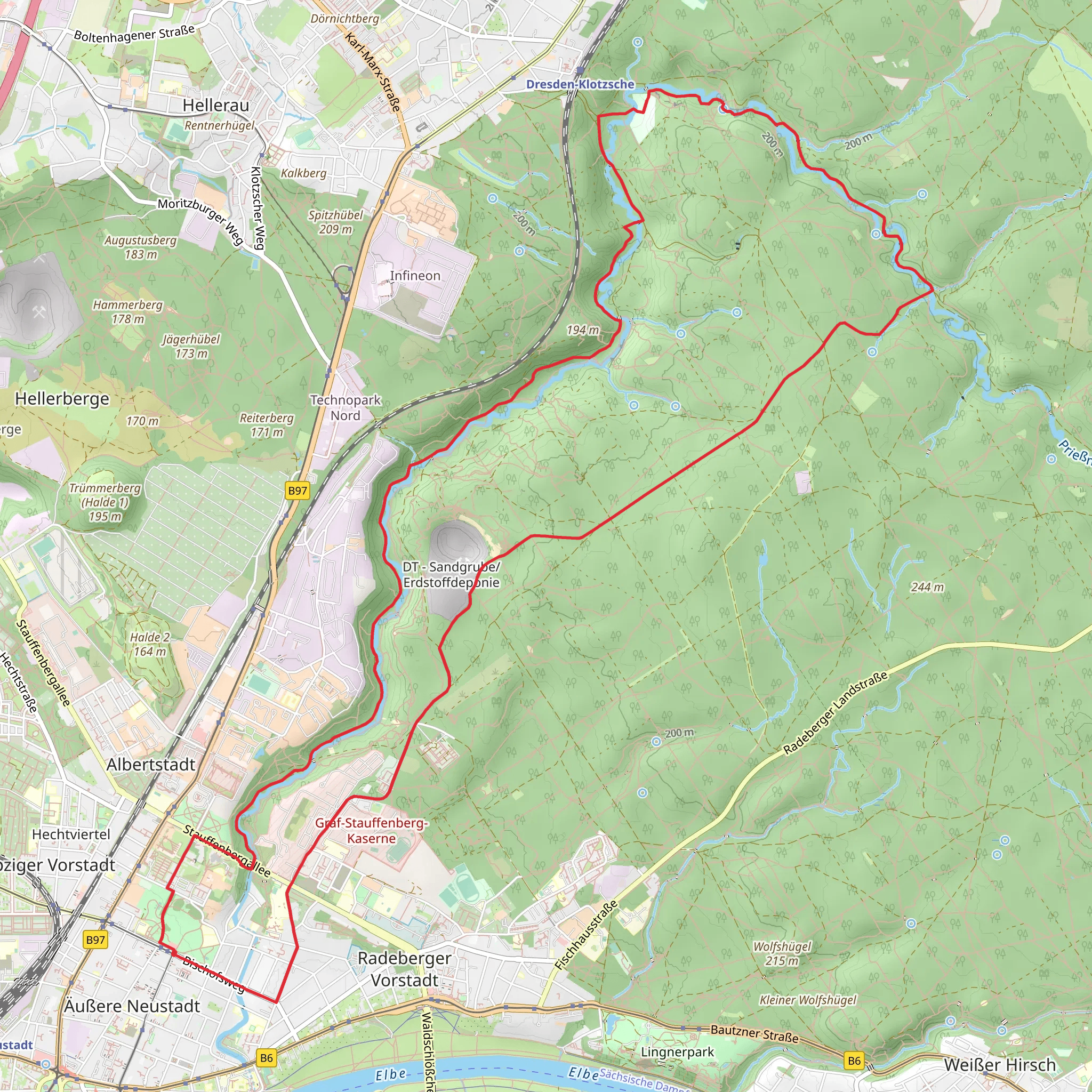 Alaunplatz and Dresdner Heide Loop via Priebnitz mobile static map