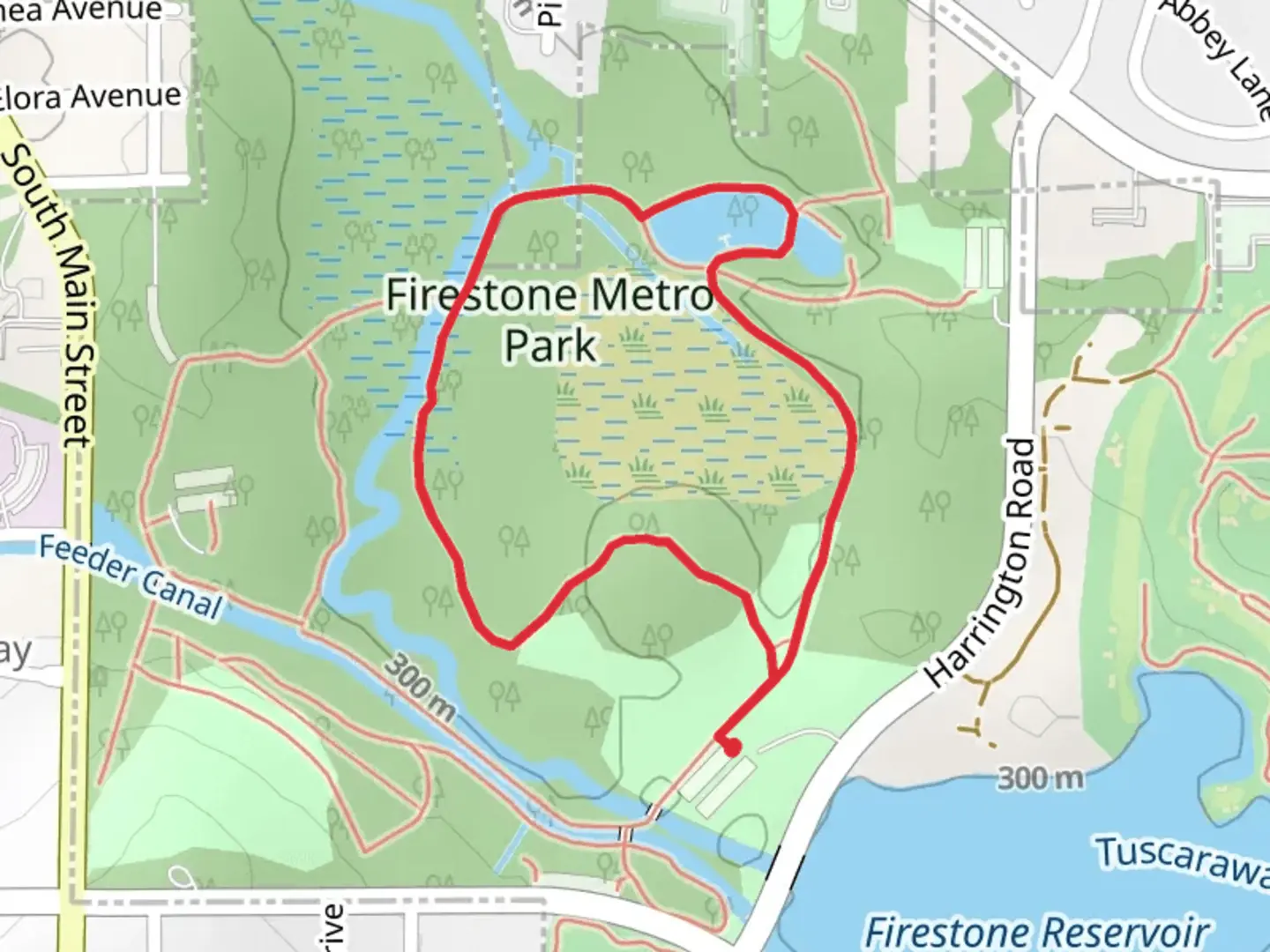 An image depicting the trail Big Turtle Pond and Firestone Metro Park Loop and its surrounding area.