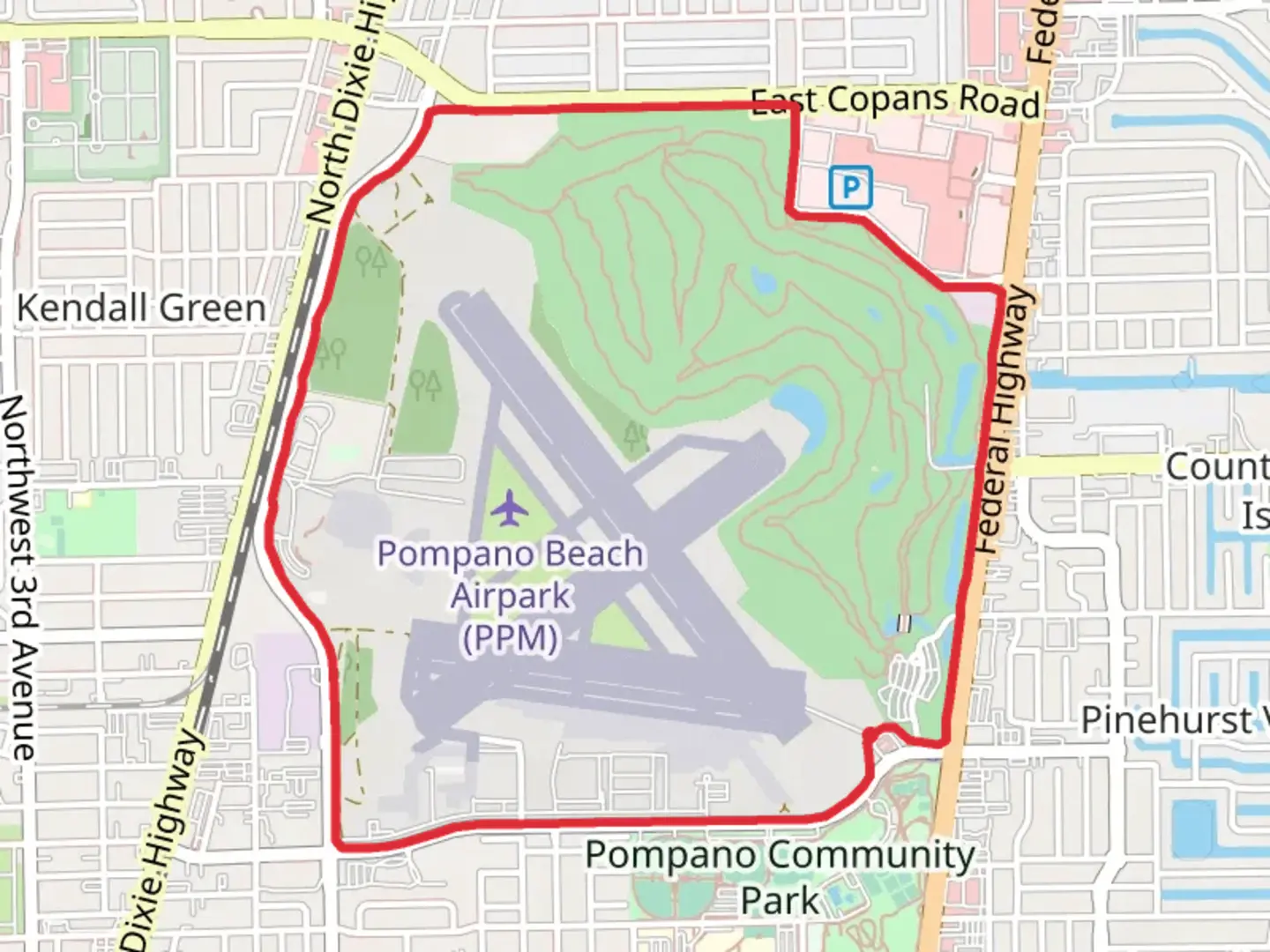 An image depicting the trail Pompano Beach Airpark Loop and its surrounding area.