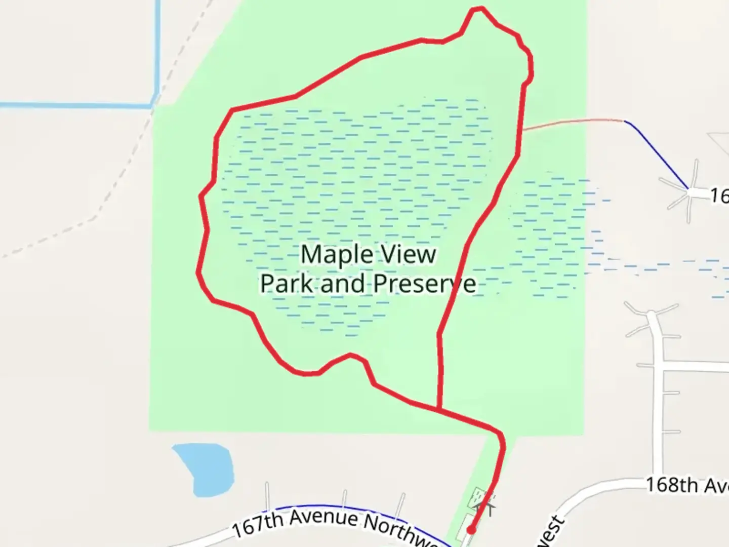 An image depicting the trail Maple View Preserve Open Space Loop Trail and its surrounding area.