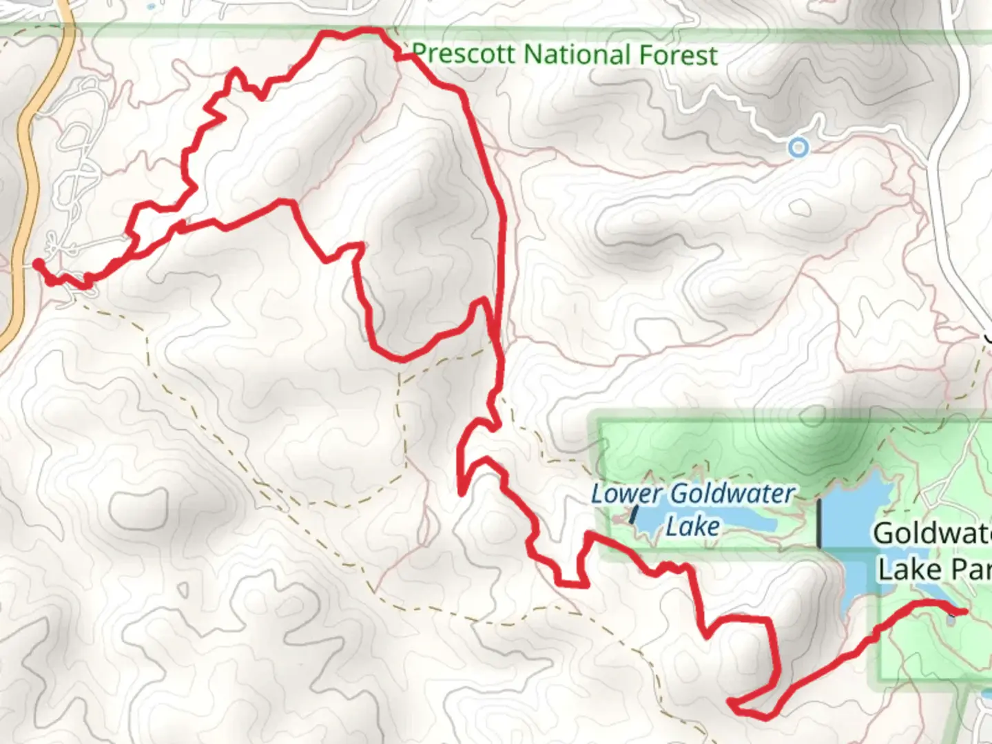 An image depicting the trail Prescott Circle, Upper Goldwater Lake and Banning Creek Loop Trail and its surrounding area.