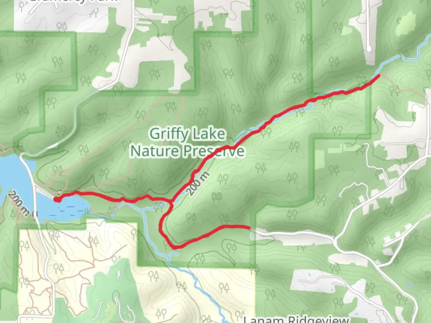 An image depicting the trail Griffy Creek Trail and Lanam Trail and its surrounding area.