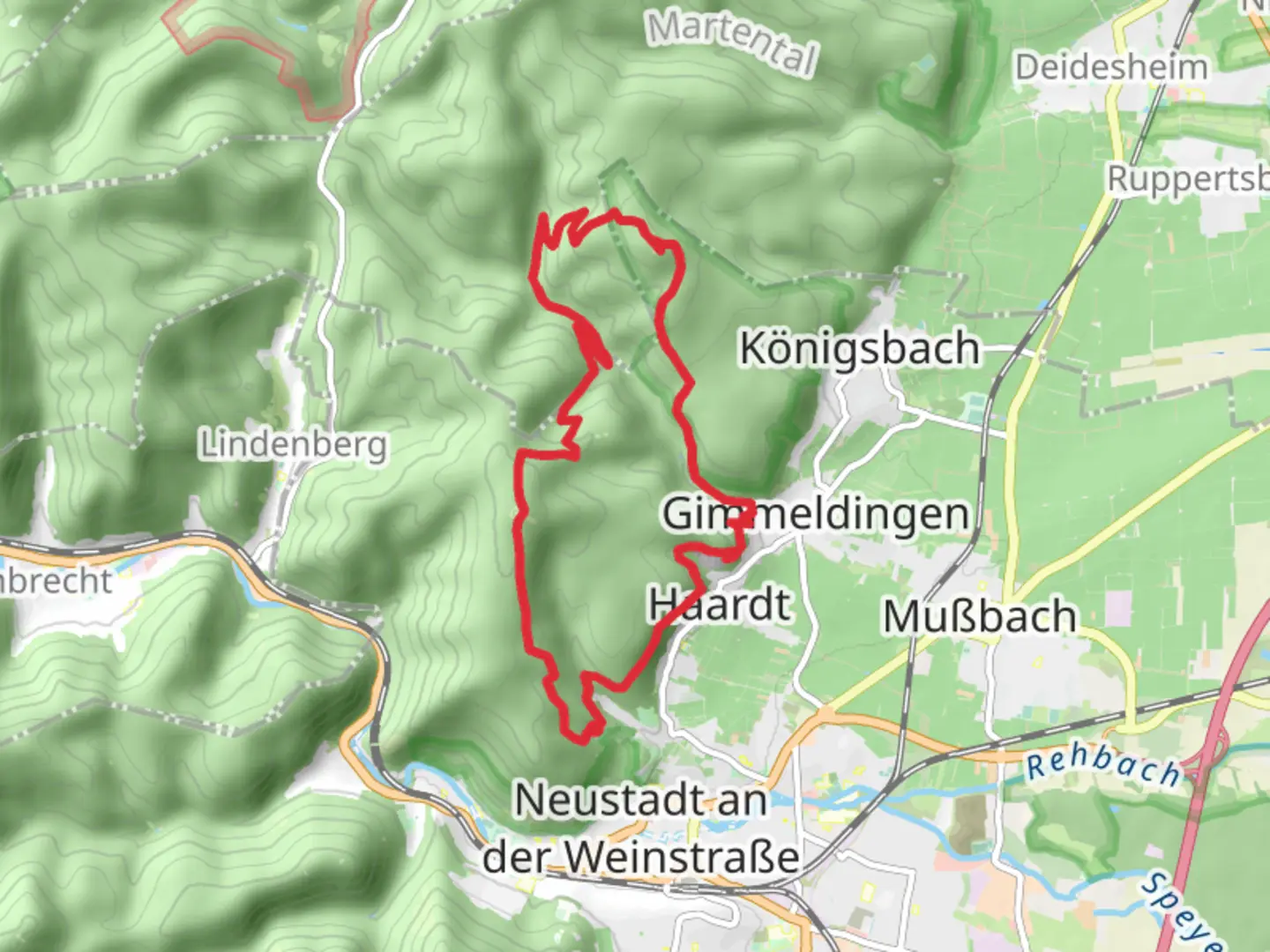 An image depicting the trail Weinbiet and Stabenberg Loop and its surrounding area.