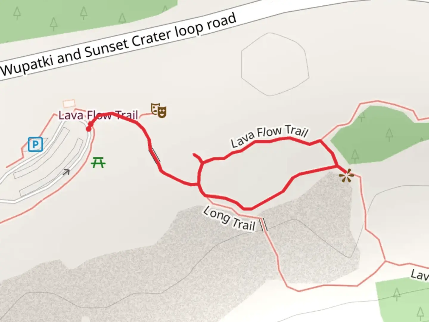 An image depicting the trail Lava Flow Loop Trail and its surrounding area.