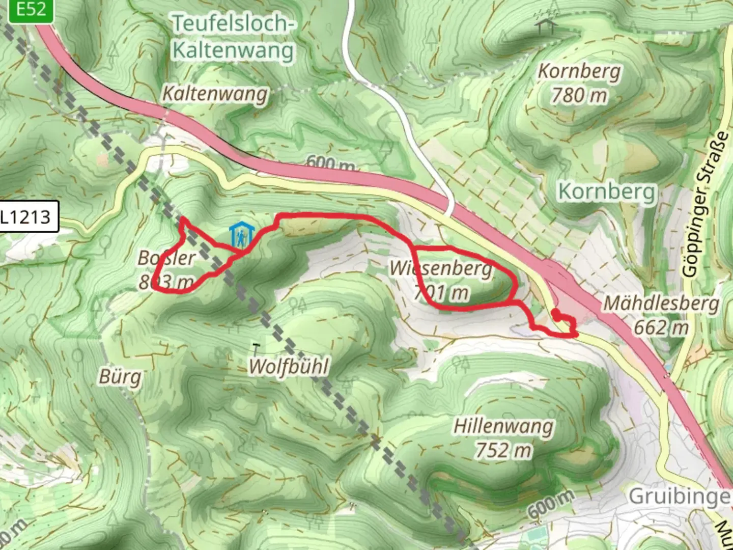 An image depicting the trail Boßler via Wiesenbergweg and its surrounding area.