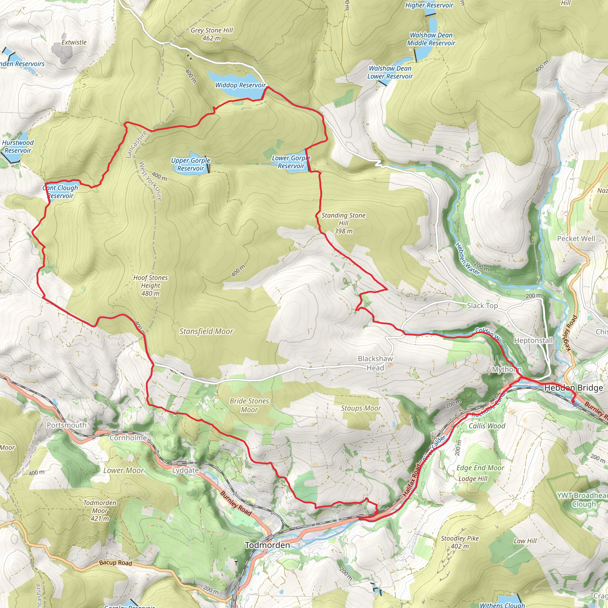 Hebden Bridge, Cross Stone and Cant Clough Reservoir Loop mobile static map