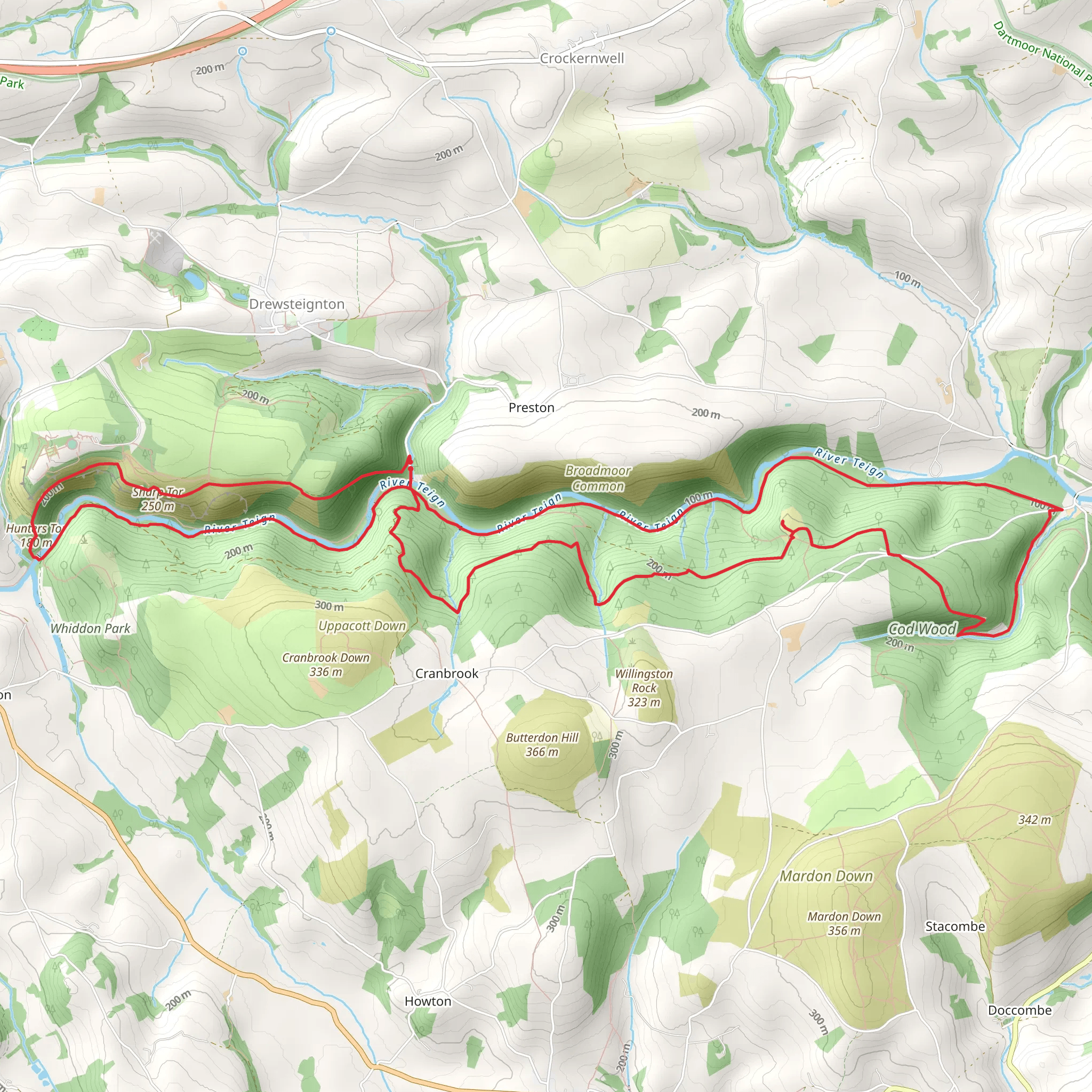 Wooston Castle, Charles Wood, River Teign and Hunter's Tor Loop mobile static map