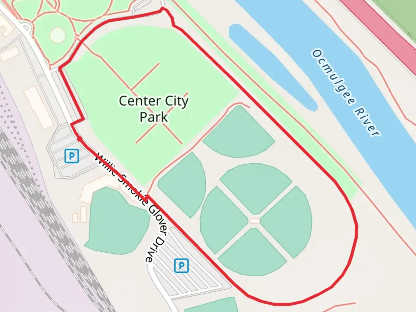 An image depicting the trail Center City Park Loop and its surrounding area.