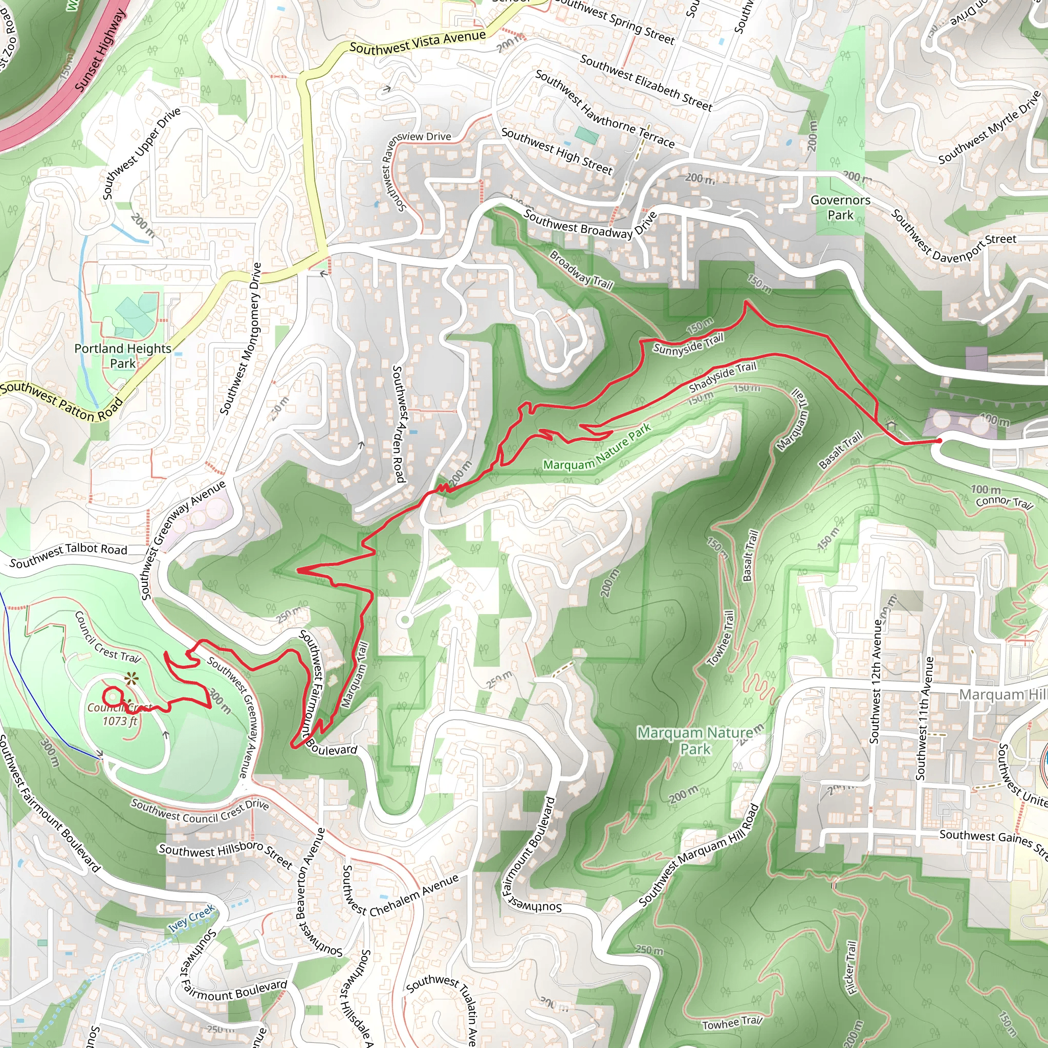 Council Crest via Sunnyside and Shadyside Trail mobile static map