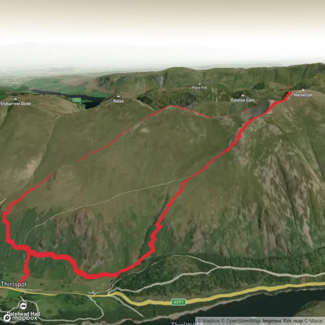 An image depicting the trail Helvellyn from Thirlspot via Whiteside and its surrounding area.