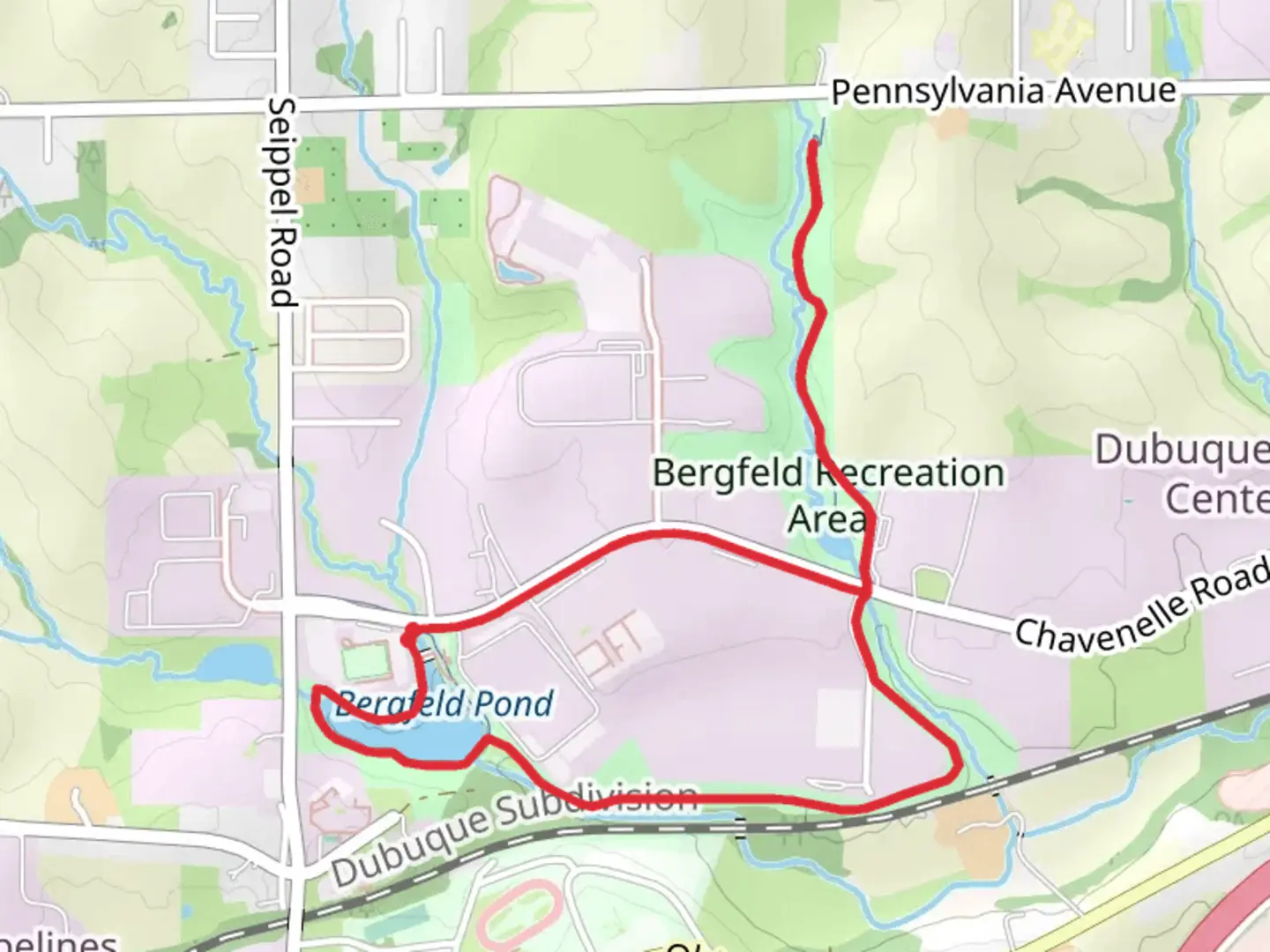 An image depicting the trail Bergfeld Recreational Trail and Bergfeld Pond Trail Loop and its surrounding area.