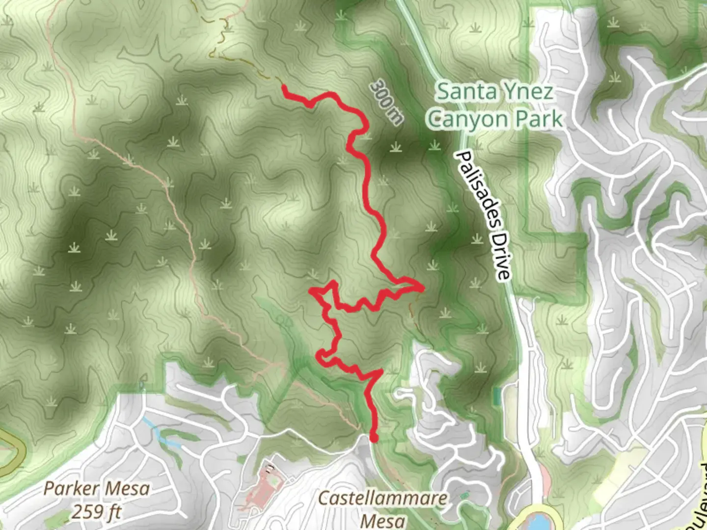 An image depicting the trail East Topanga Fire Road Trail Out and Back and its surrounding area.