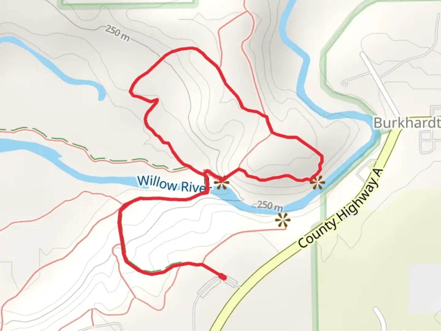 An image depicting the trail Willow Falls Trail and Burkhardt Trail Loop and its surrounding area.