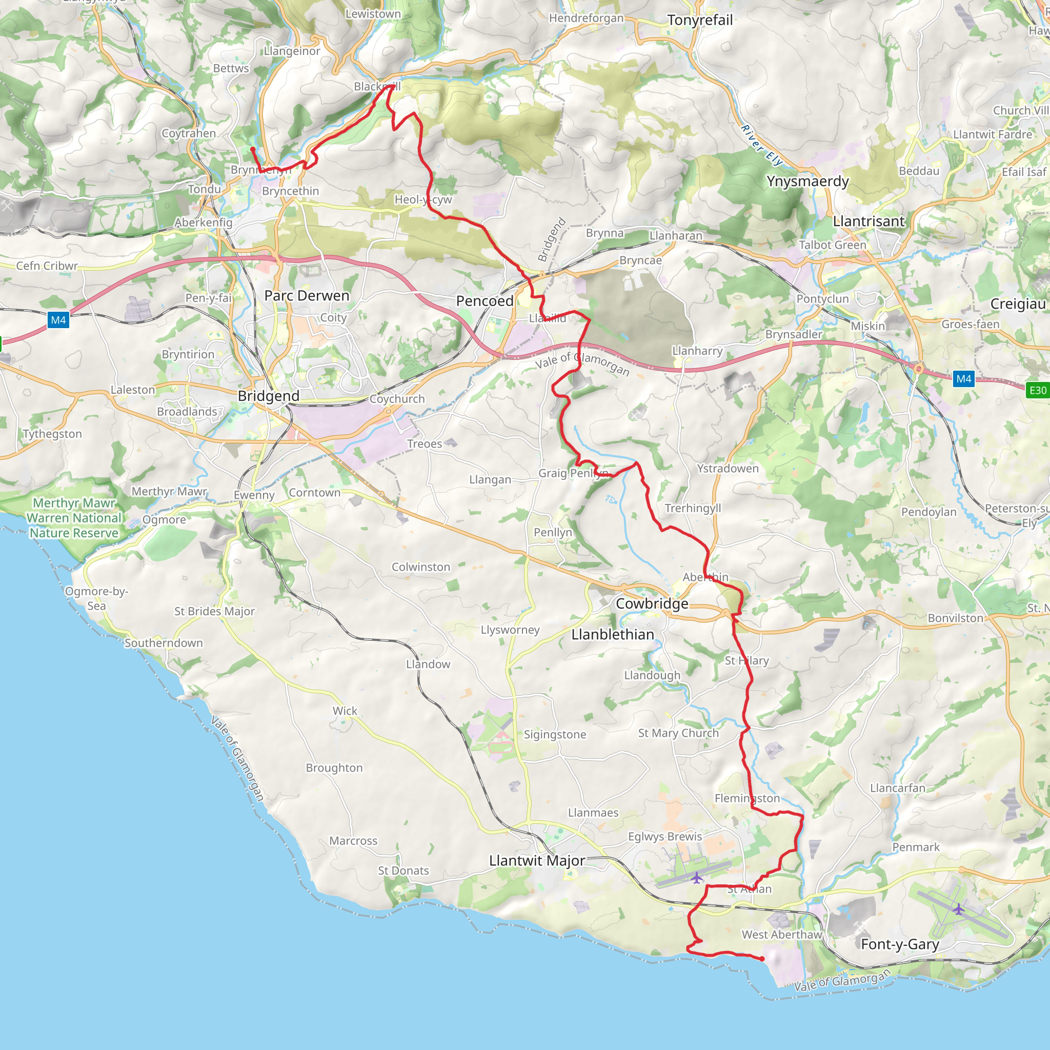 Bryngarw Country Park to St Athan in Glamorgan mobile static map