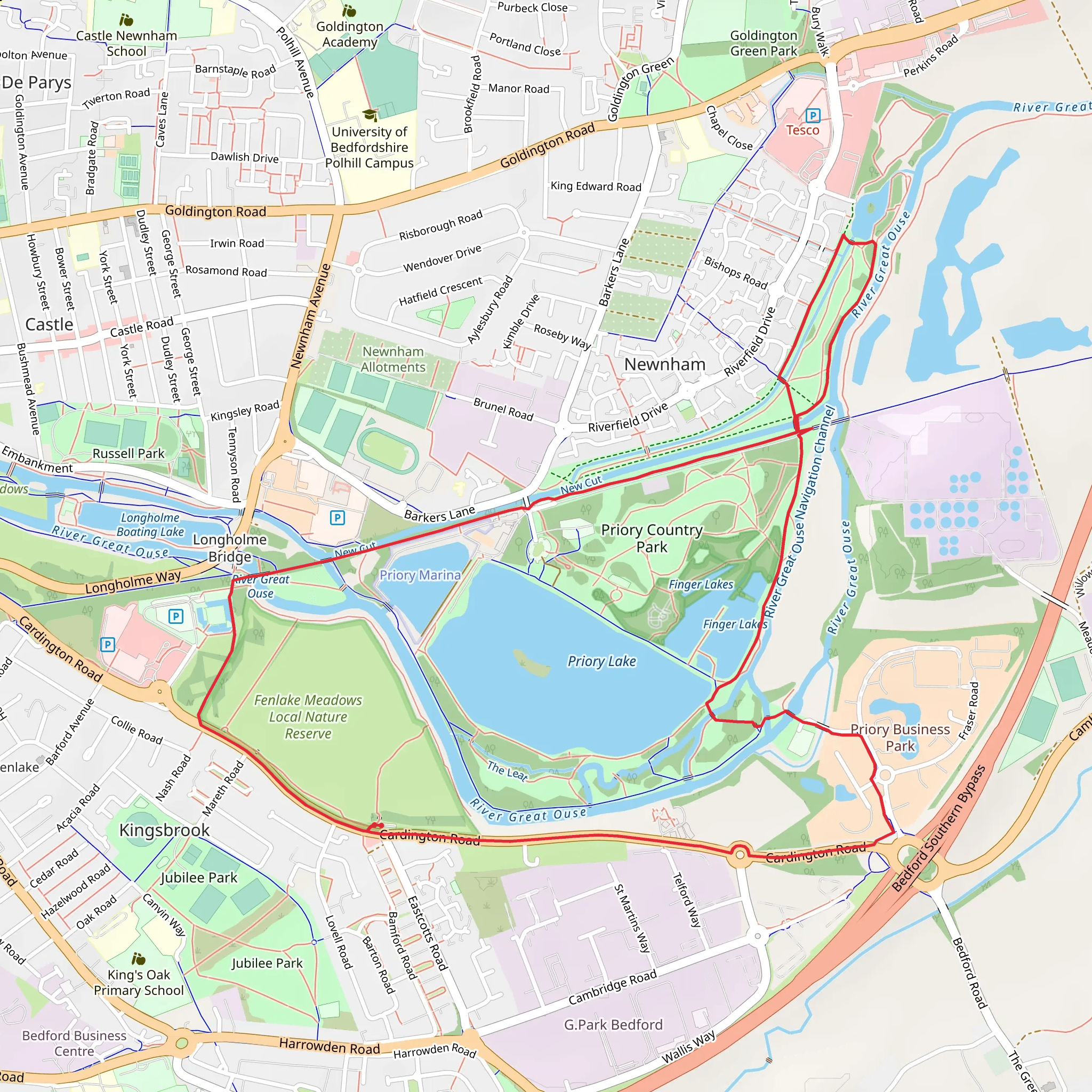 Priory lake , Fenlake Meadows Local Nature Reserve and Priory Country Park Loop mobile static map