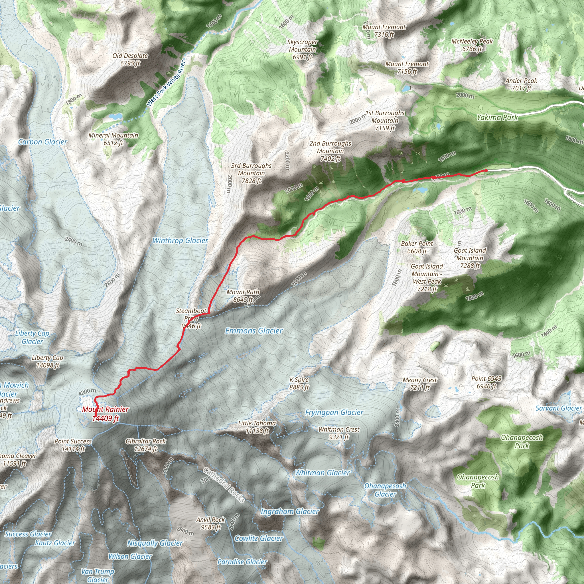 Steamboat Prow and Columbia Crest via Glacier Basin Trail mobile static map