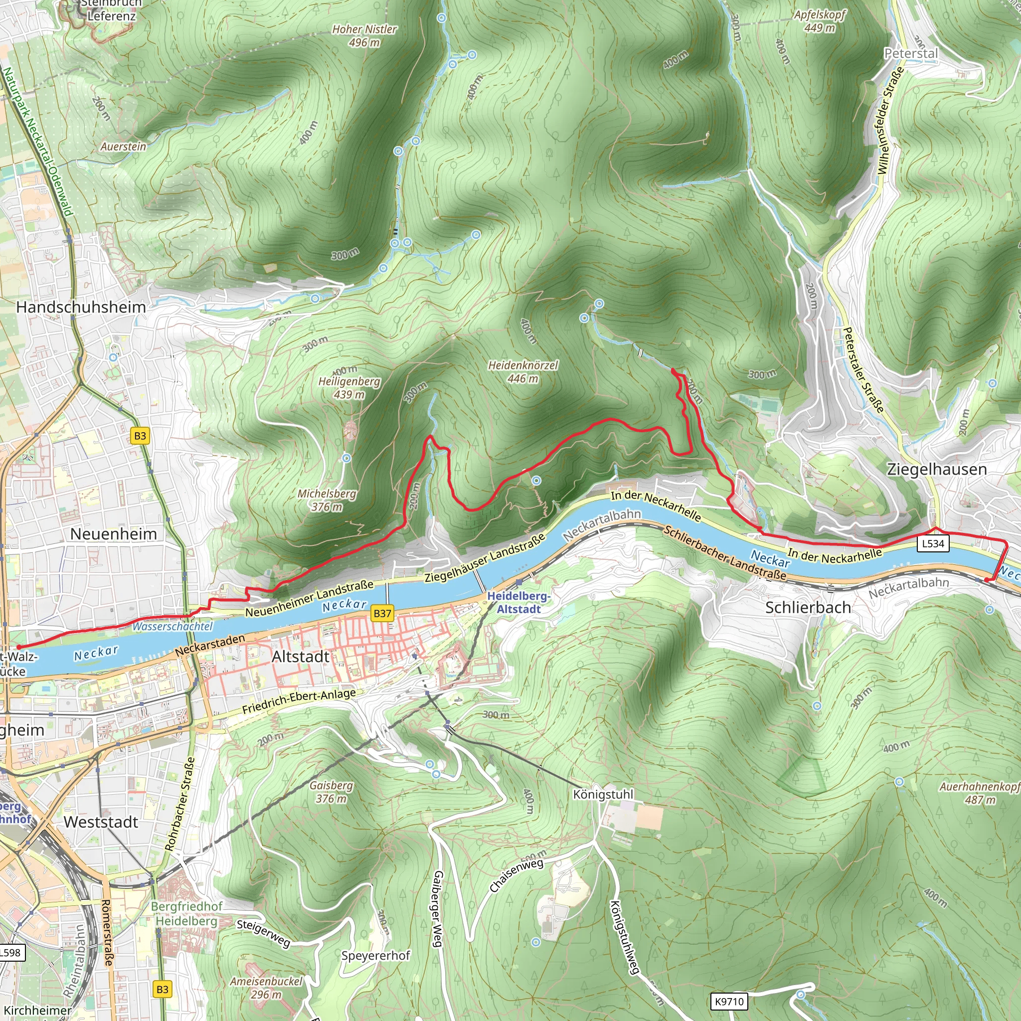 Jahnstraße to Heidelberg-Schlierbach Walk via Rechter Neckarrandweg mobile static map