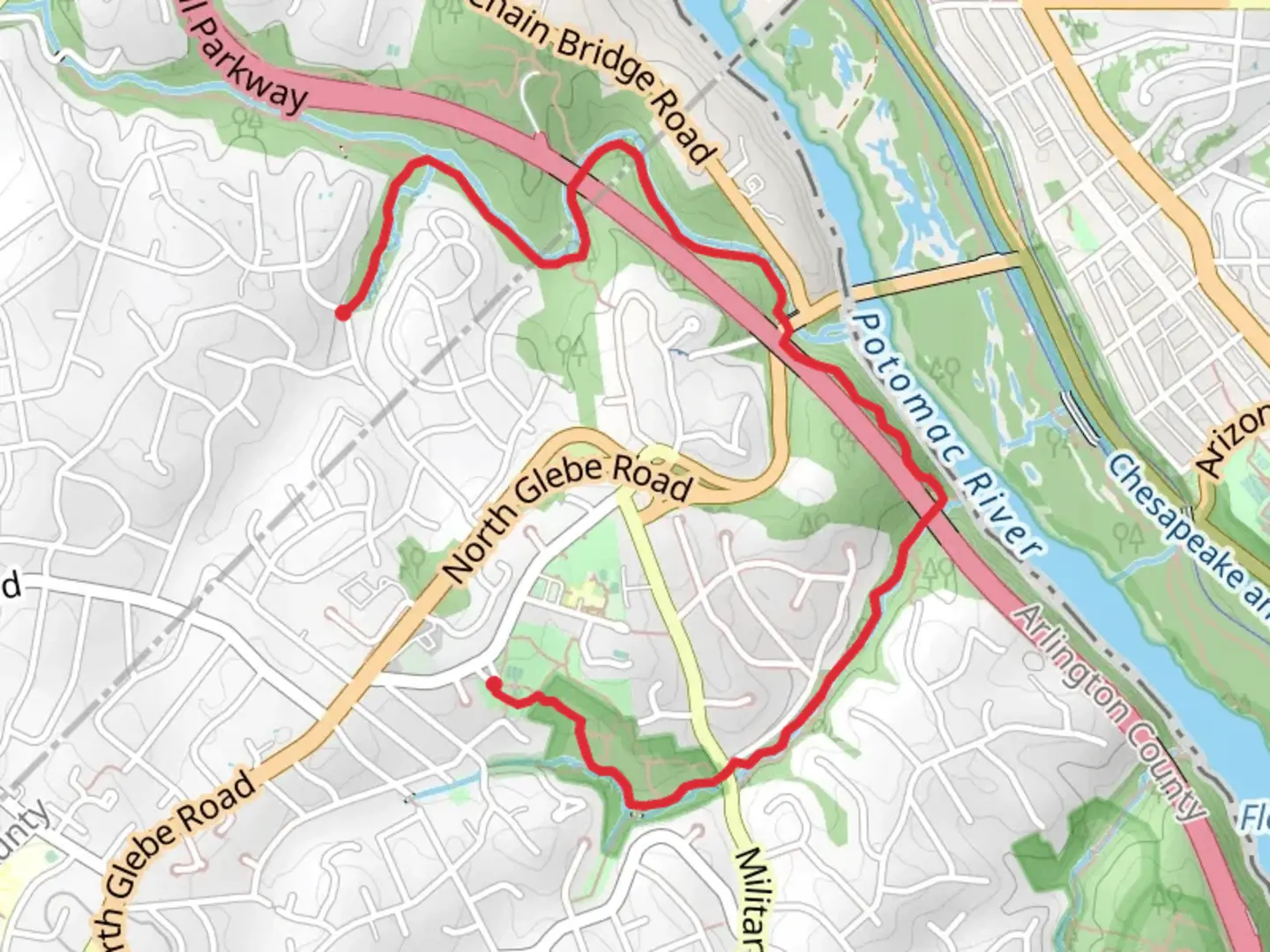 An image depicting the trail Pimmit Run Trail to Gulf Branch Trail and its surrounding area.