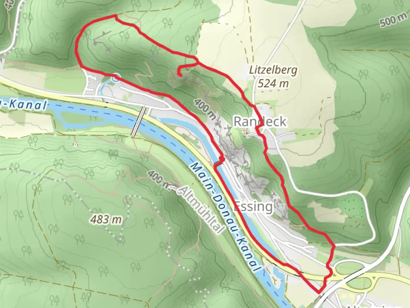 An image depicting the trail Essing Blick Loop via Rundweg Essing 4 and its surrounding area.