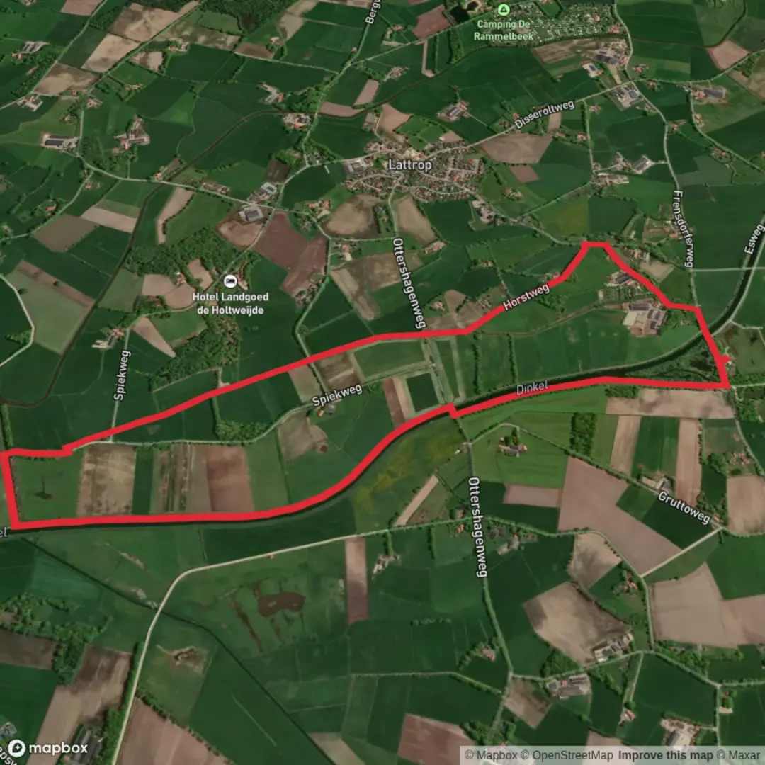 An image depicting the trail Dinkel via Dinkelpad and Latrop Paarse Route and its surrounding area.