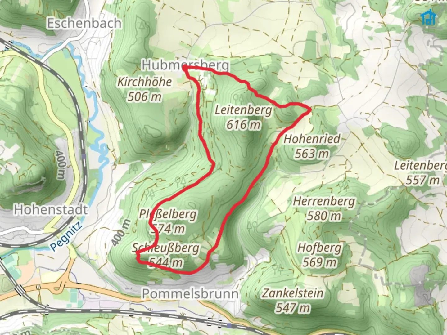 An image depicting the trail Gelbpunkt and 7 Summits Weg Leitenberg and its surrounding area.