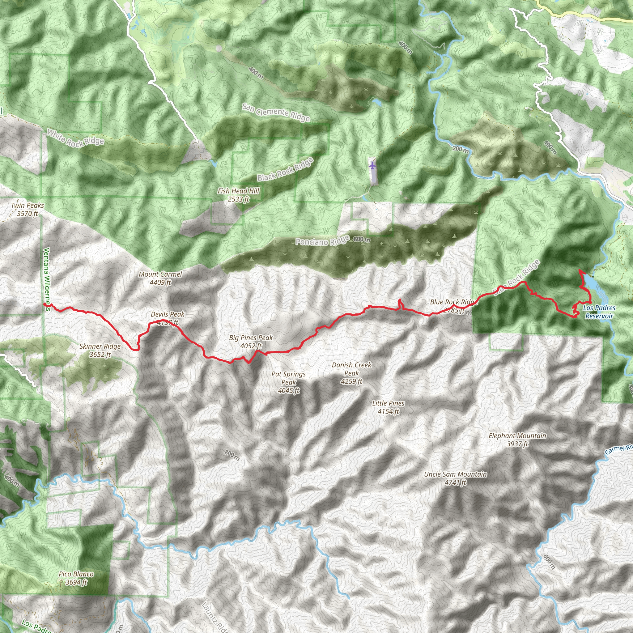 Turner Creek, Devils Peak and Big Pines Peak via Carmel River Trail mobile static map