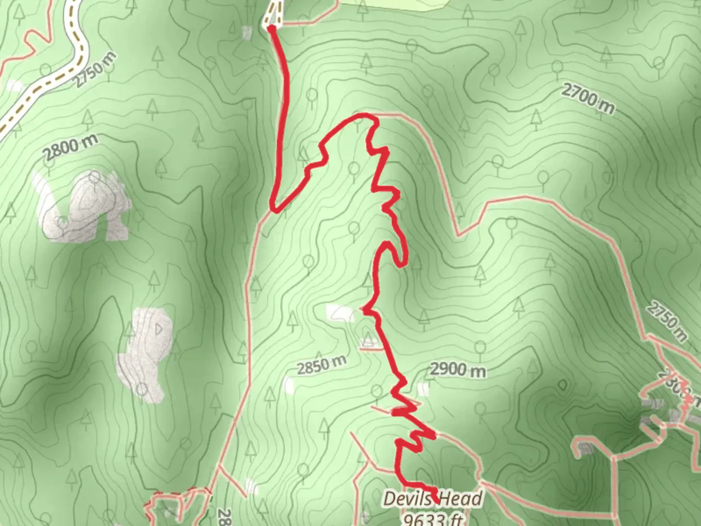 An image depicting the trail Devils Head via Devil's Head Trail and its surrounding area.