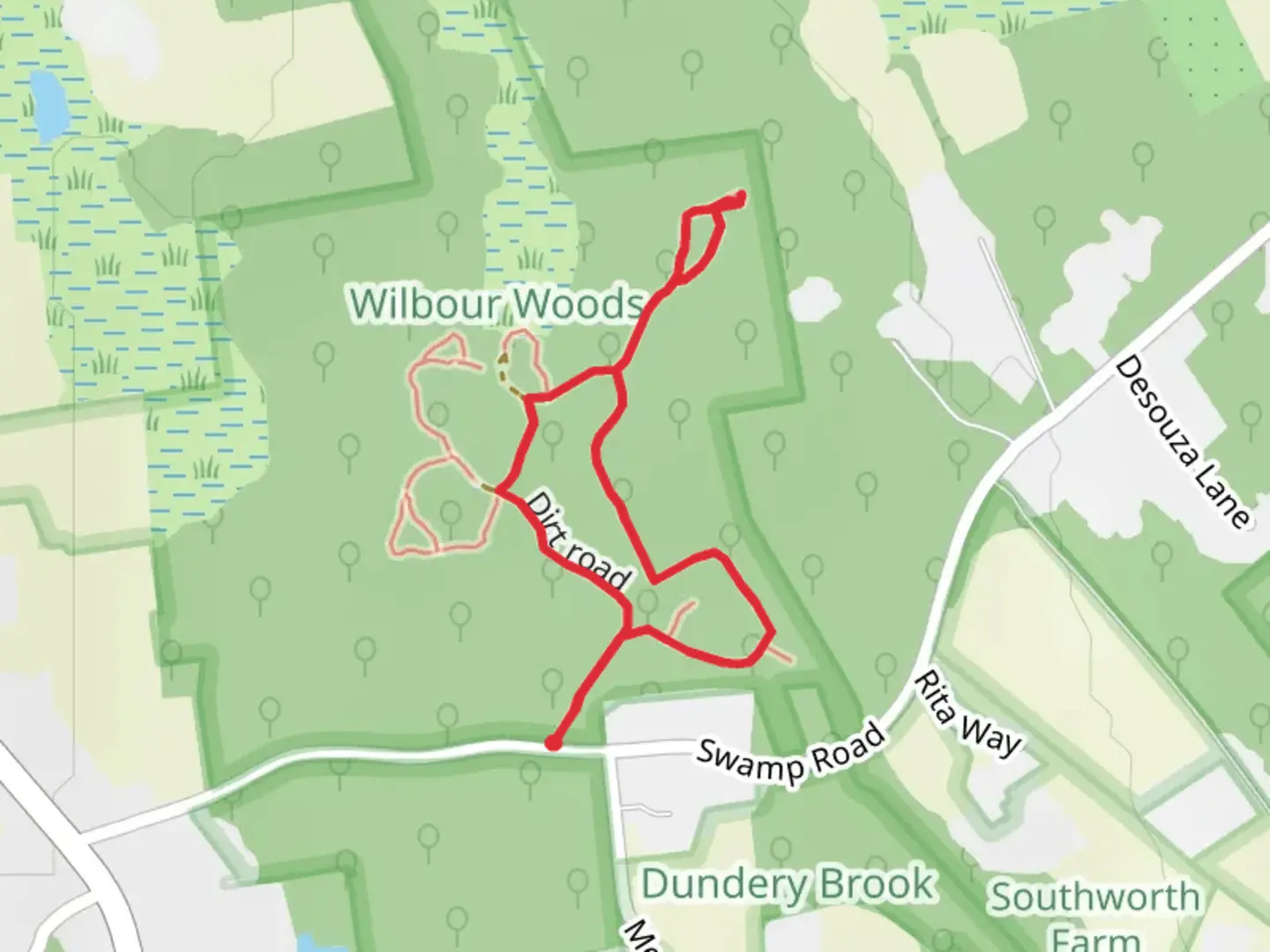 An image depicting the trail Wilbur Woods Loop and its surrounding area.