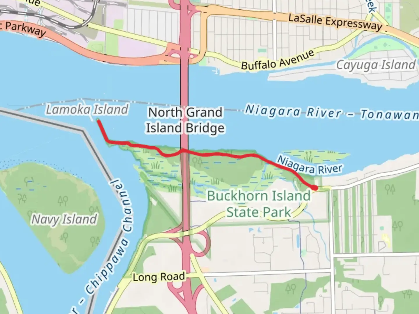 An image depicting the trail Niagara River from East-West Park Road and its surrounding area.