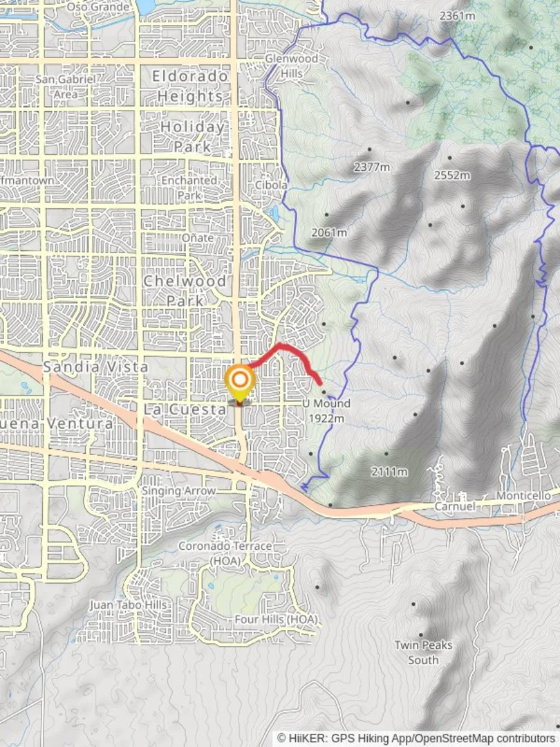 An image depicting the trail Tramway Trail and South Lomas Channel and its surrounding area.