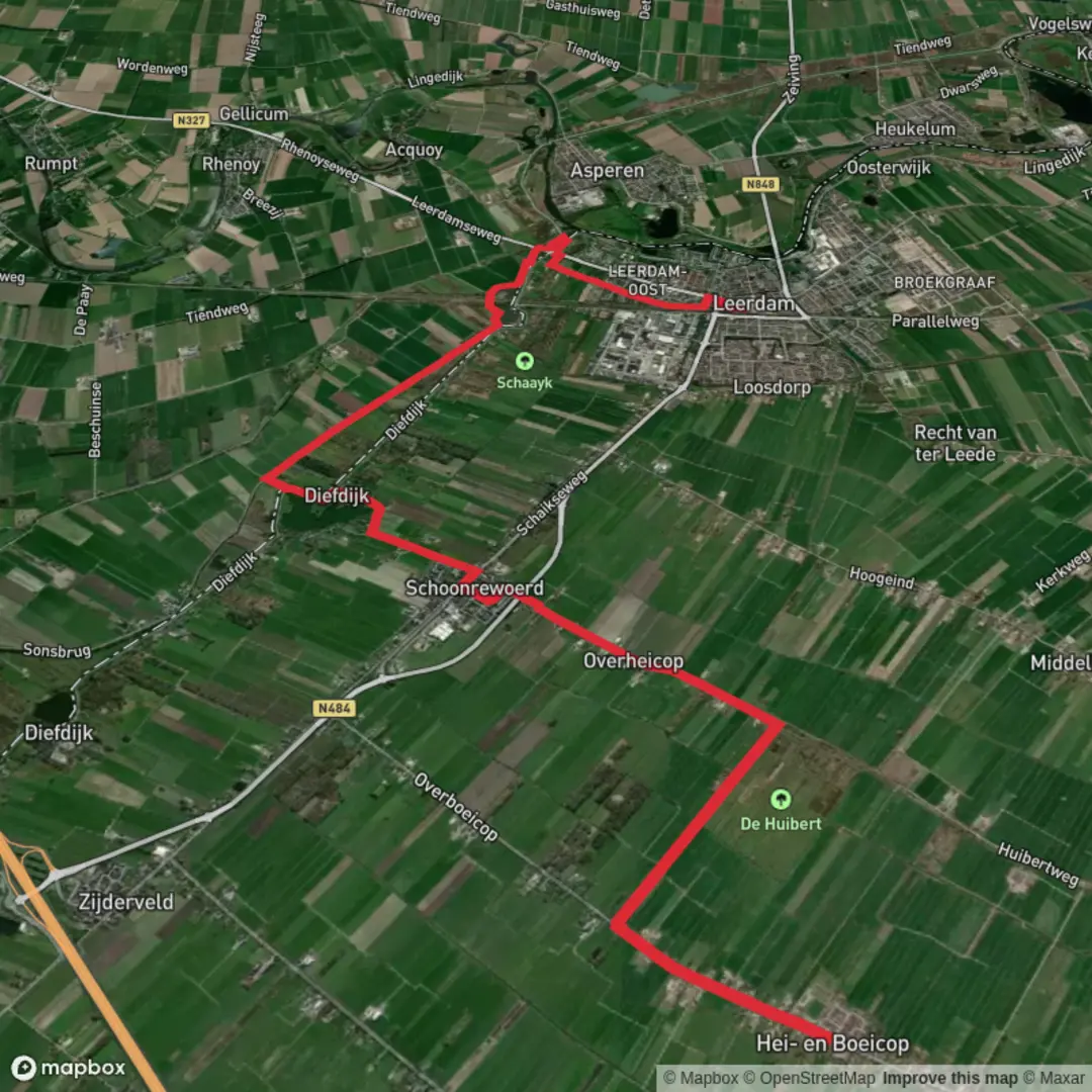 An image depicting the trail Pleinstraat to Leerdam via Wiel Van Bassa and Het Wiel Fort and its surrounding area.