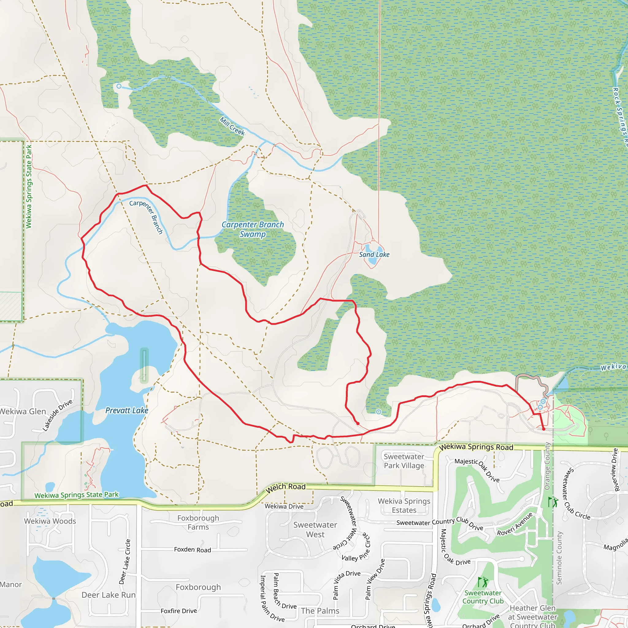 Loop along Prevatt Lake and Carpenter Branch mobile static map