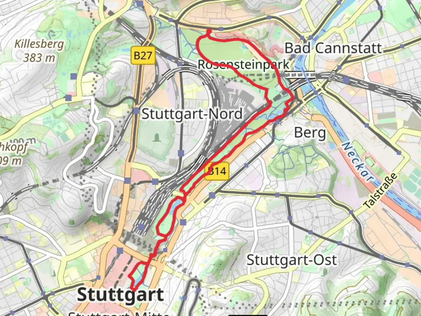 An image depicting the trail Inselsee via Vom Schloss zum Schloessle and Felix Mendelssohn Bartholdy Allee and its surrounding area.