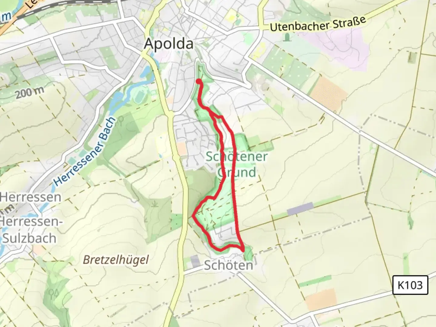 An image depicting the trail Schoetener Bach via Lutherweg Thueringen Suedschlaufe and its surrounding area.