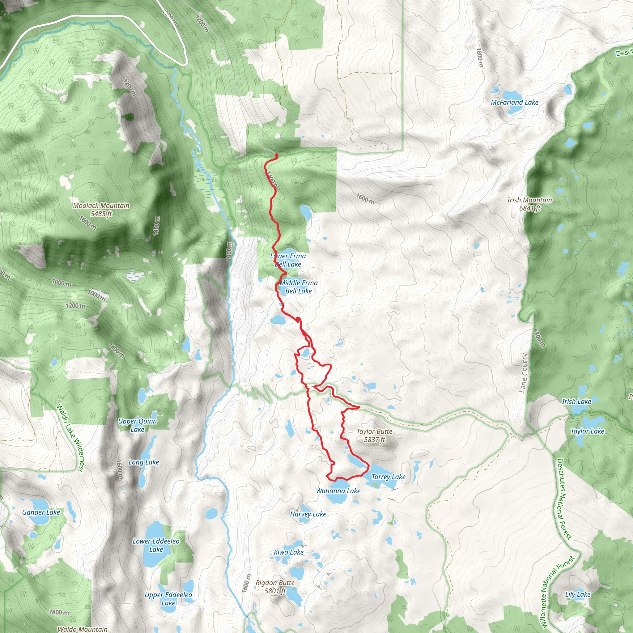 Erma Bell Lakes, Mud Lake, Whig Lake, Wahanna Lake and Torrey Lake Loop mobile static map