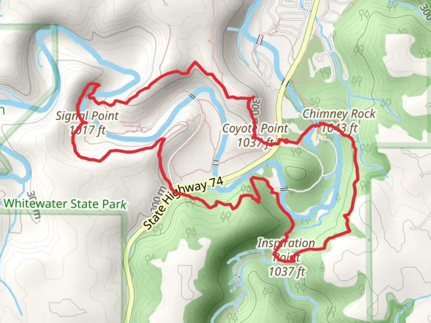 An image depicting the trail Signal Point, Inspiration Point and Chimney Rock Loop and its surrounding area.