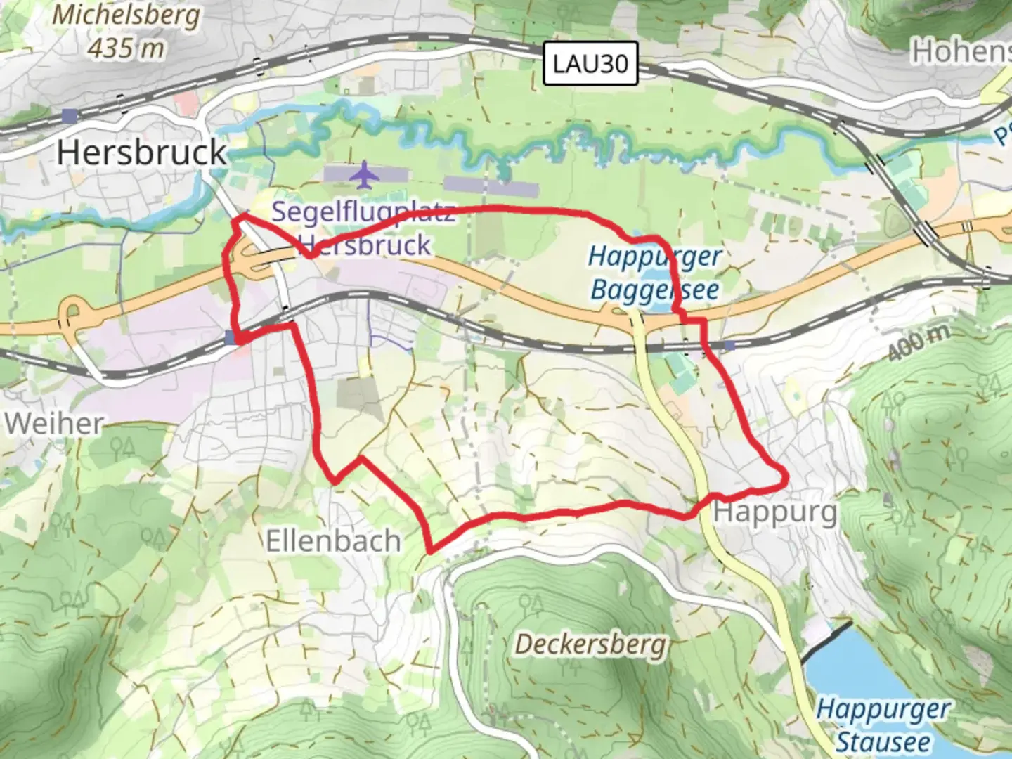 An image depicting the trail Hersbrucker Rundweg and its surrounding area.