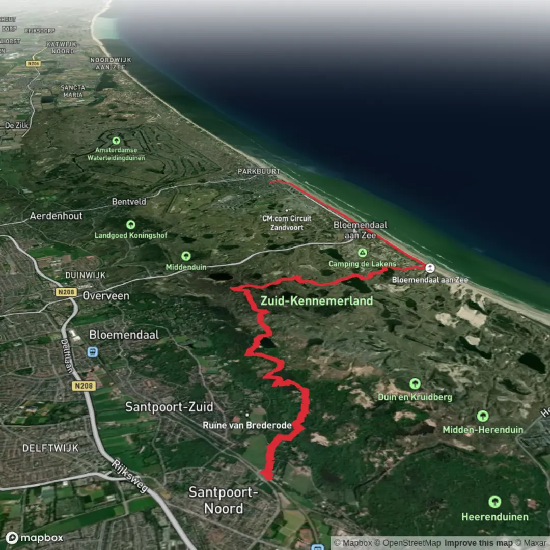 An image depicting the trail Santpoort Noord to Zandvoort aan zee via Brederodeberg and Vogelmeer and its surrounding area.