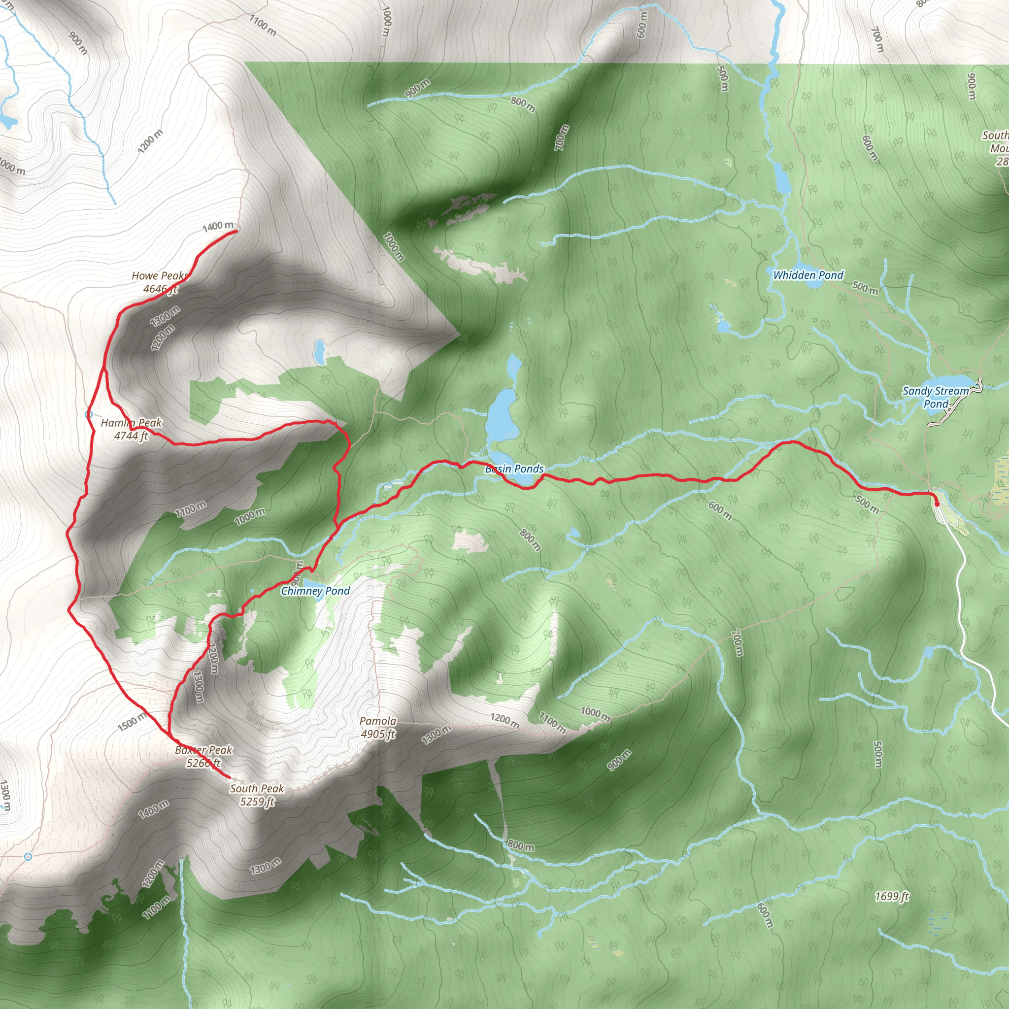 Mount Katahdin - Howe Peaks Loop via Chimney Pond Trail mobile static map