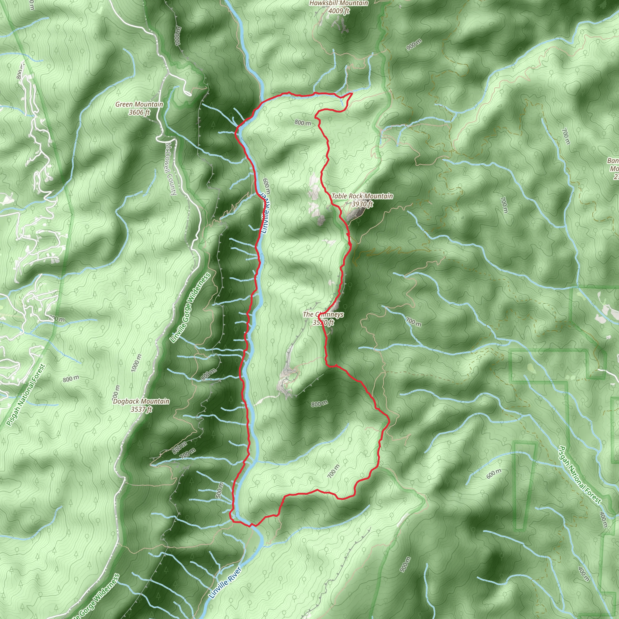 The Chimneys via Linville Gorge Trail and Little Table Rock Trail mobile static map