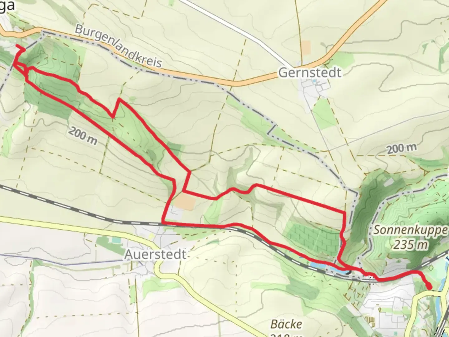 An image depicting the trail Emsenteich via Schlachtfelder Bad Sulza and its surrounding area.