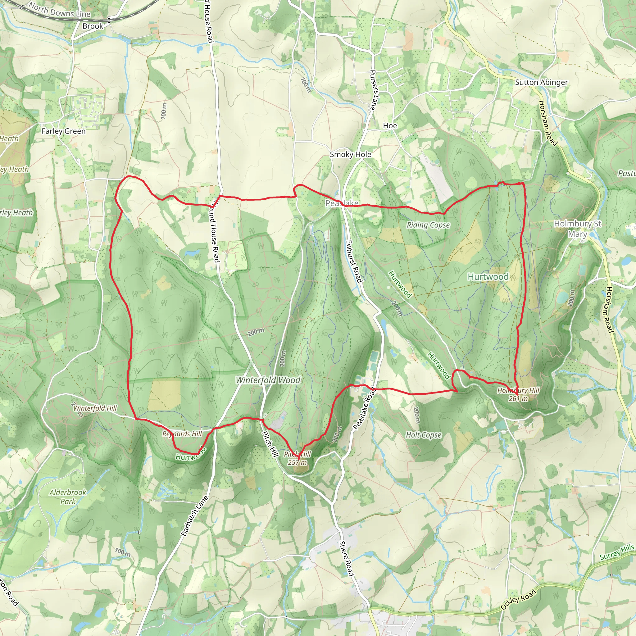 Holmbury Hill, Pitch Hill, Reynards Hill and Hurt Wood via Greensand Way mobile static map