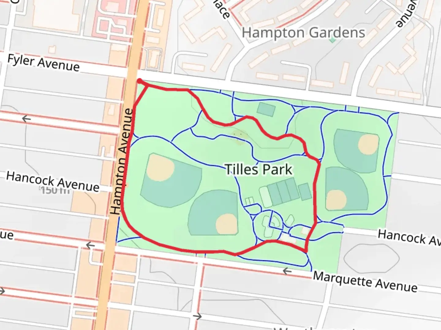 An image depicting the trail Tilles Park Loop and its surrounding area.