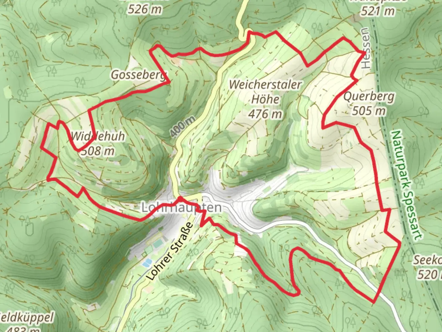 An image depicting the trail Lohrhaupten Loop via Widdehuh and its surrounding area.