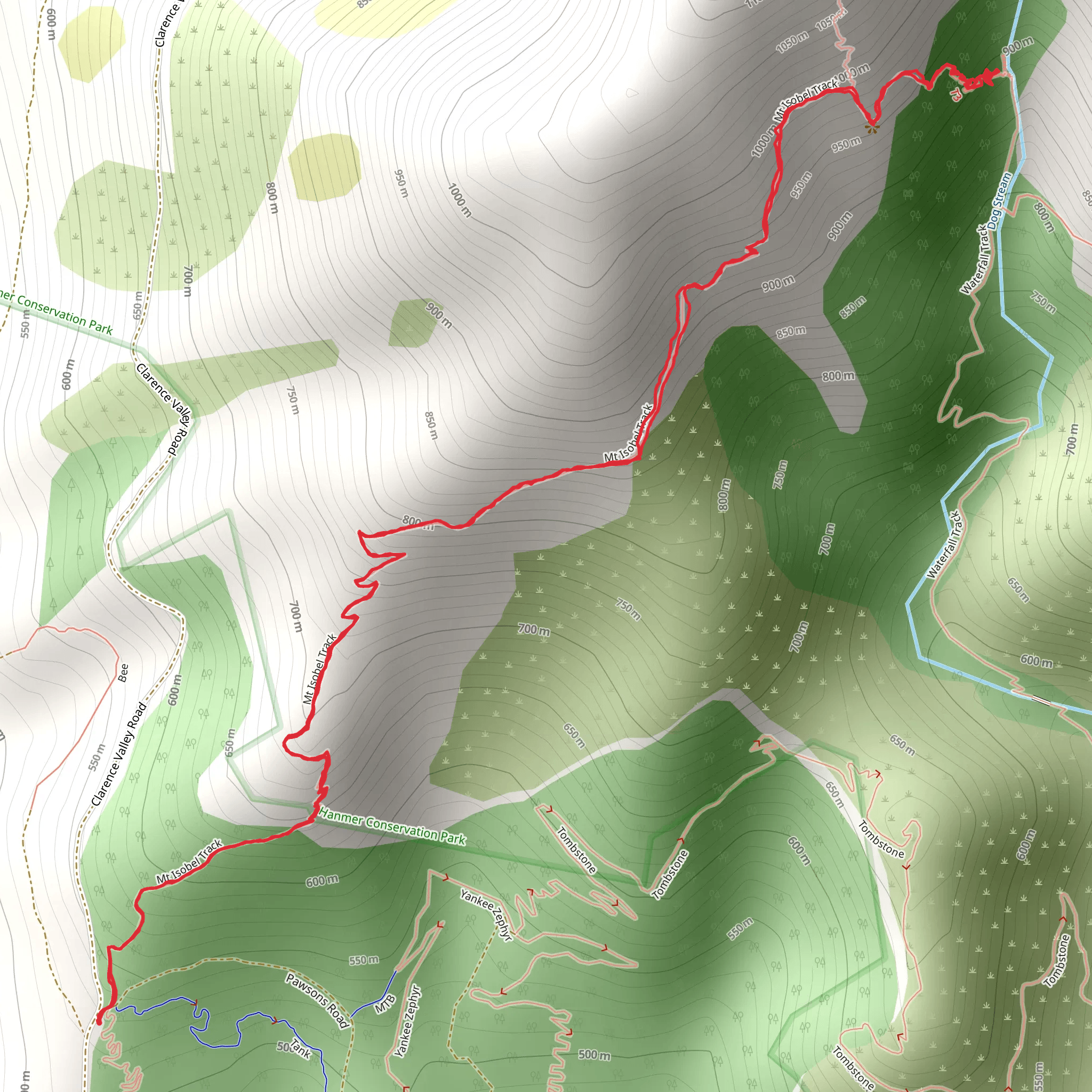 Dog Stream Waterfall via Mount Isobel Track mobile static map
